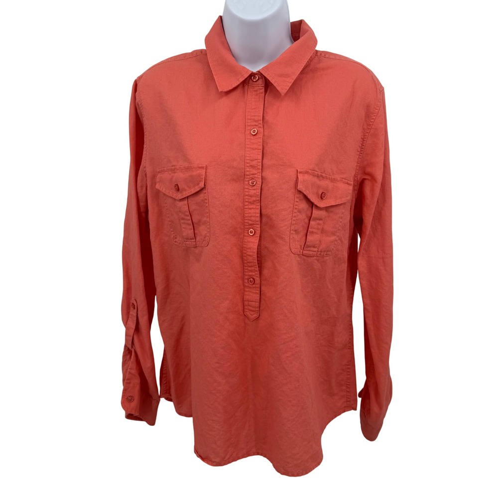 Talbots Womens L Shirt Linen Cotton Blend Coral Button Up Roll Tab Long Sleeve - Picture 3 of 11